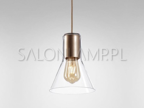 loftowa lampa wisząca MODERN GLASS Flared E27 z gładkim kloszem transparentnym i z miedzianą oprawą wokół żarówki.jpg